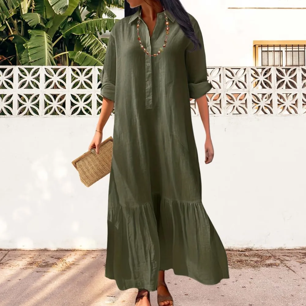 Womens Cotton Linen Dress Casual Button Down Long Sleeve Flowy Plus Size Lapel Collared Maxi Dresses Shirt Dress