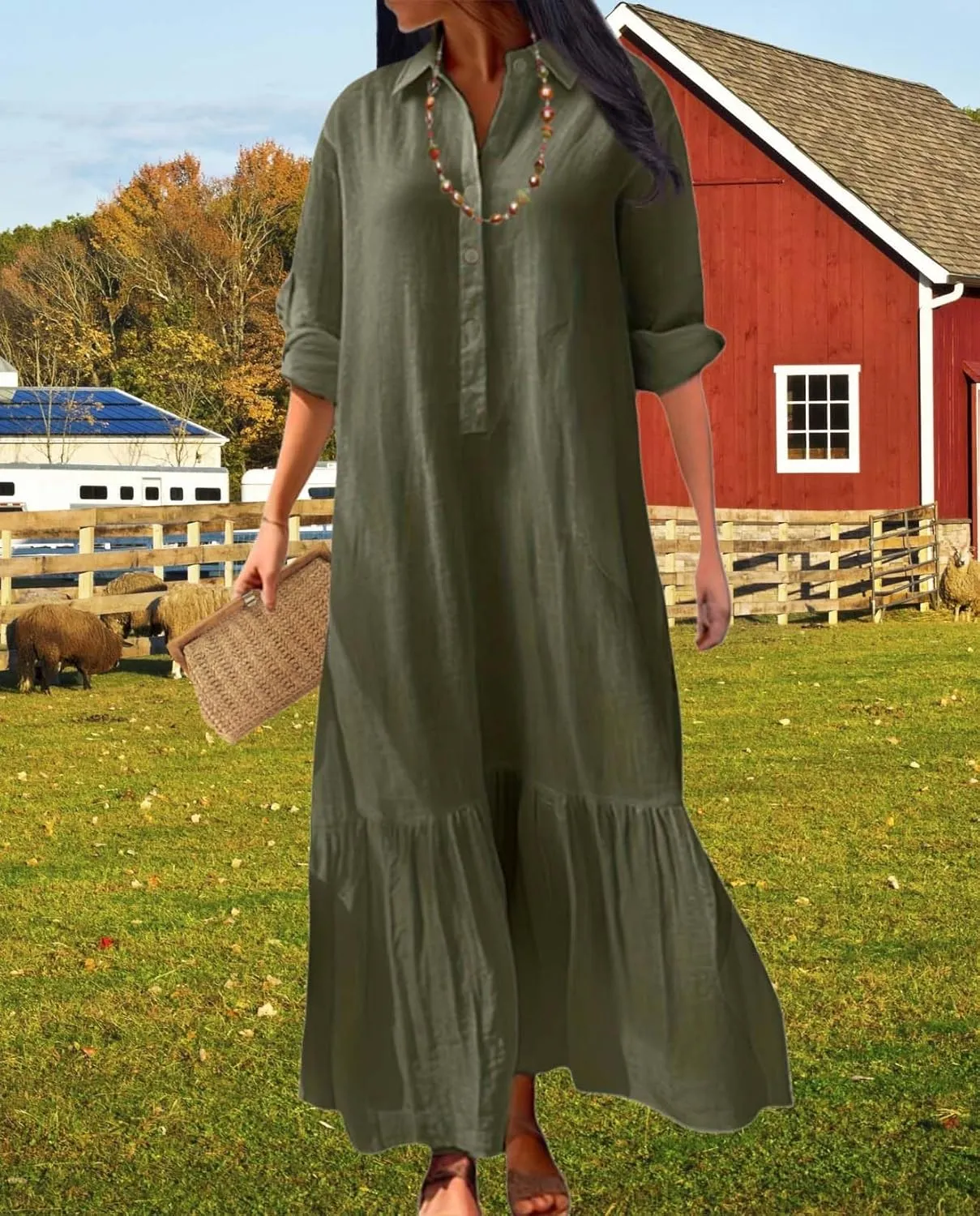 Womens Cotton Linen Dress Casual Button Down Long Sleeve Flowy Plus Size Lapel Collared Maxi Dresses Shirt Dress