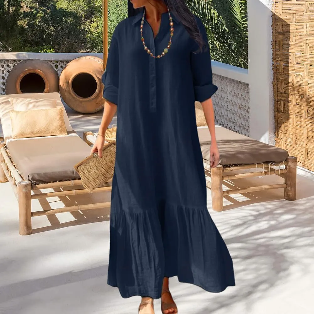 Womens Cotton Linen Dress Casual Button Down Long Sleeve Flowy Plus Size Lapel Collared Maxi Dresses Shirt Dress
