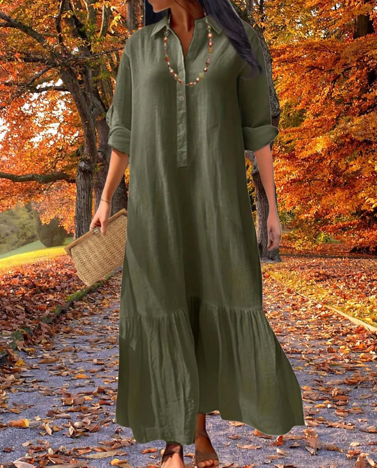 Womens Cotton Linen Dress Casual Button Down Long Sleeve Flowy Plus Size Lapel Collared Maxi Dresses Shirt Dress