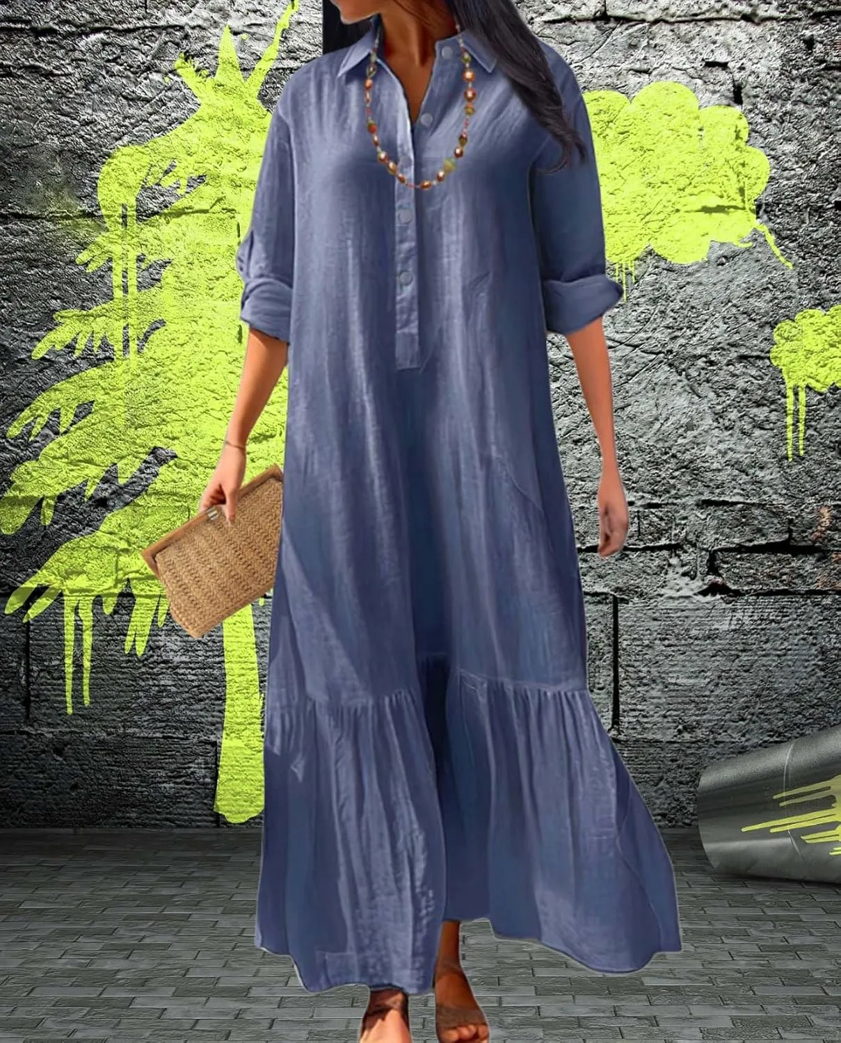 Womens Cotton Linen Dress Casual Button Down Long Sleeve Flowy Plus Size Lapel Collared Maxi Dresses Shirt Dress