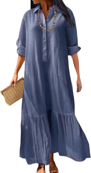 Womens Cotton Linen Dress Casual Button Down Long Sleeve Flowy Plus Size Lapel Collared Maxi Dresses Shirt Dress