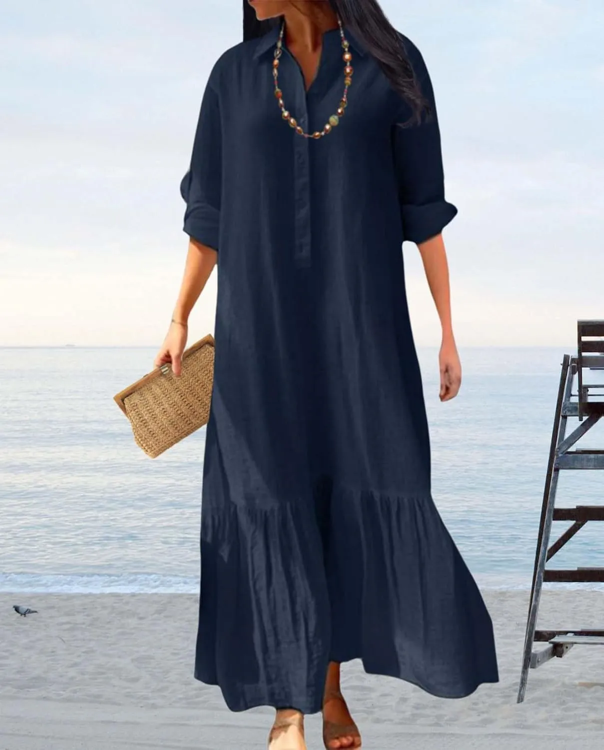 Womens Cotton Linen Dress Casual Button Down Long Sleeve Flowy Plus Size Lapel Collared Maxi Dresses Shirt Dress