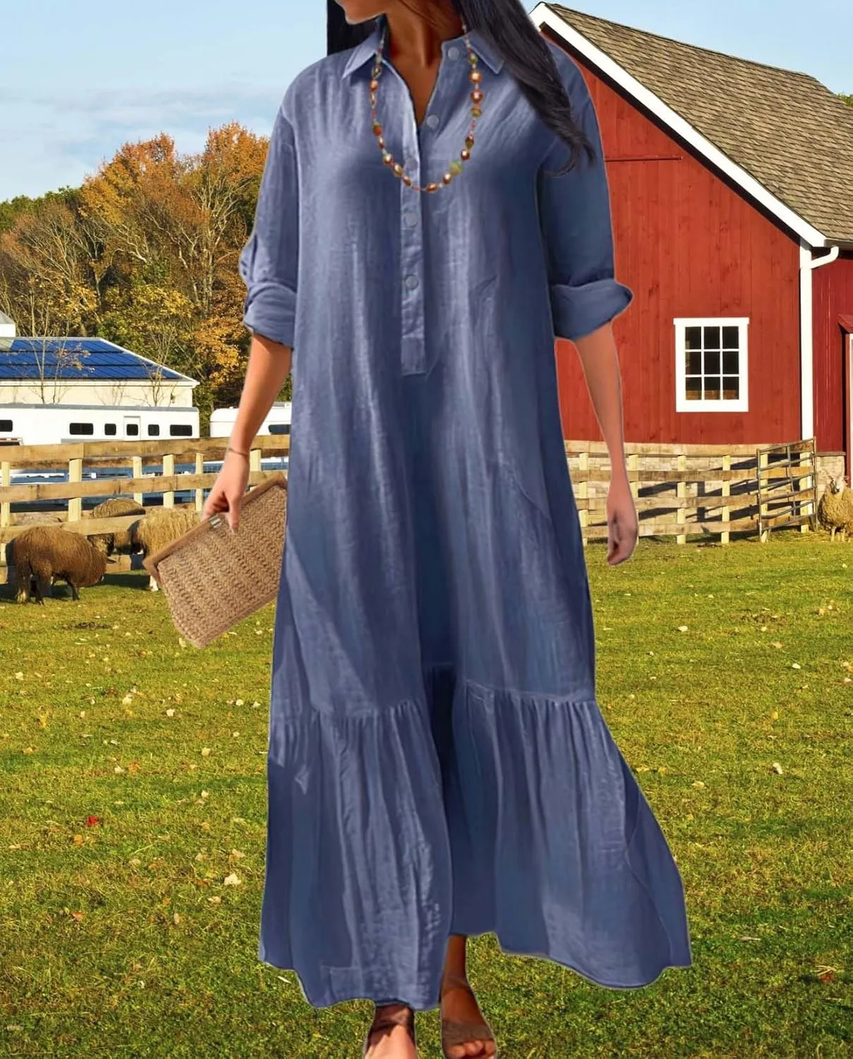 Womens Cotton Linen Dress Casual Button Down Long Sleeve Flowy Plus Size Lapel Collared Maxi Dresses Shirt Dress