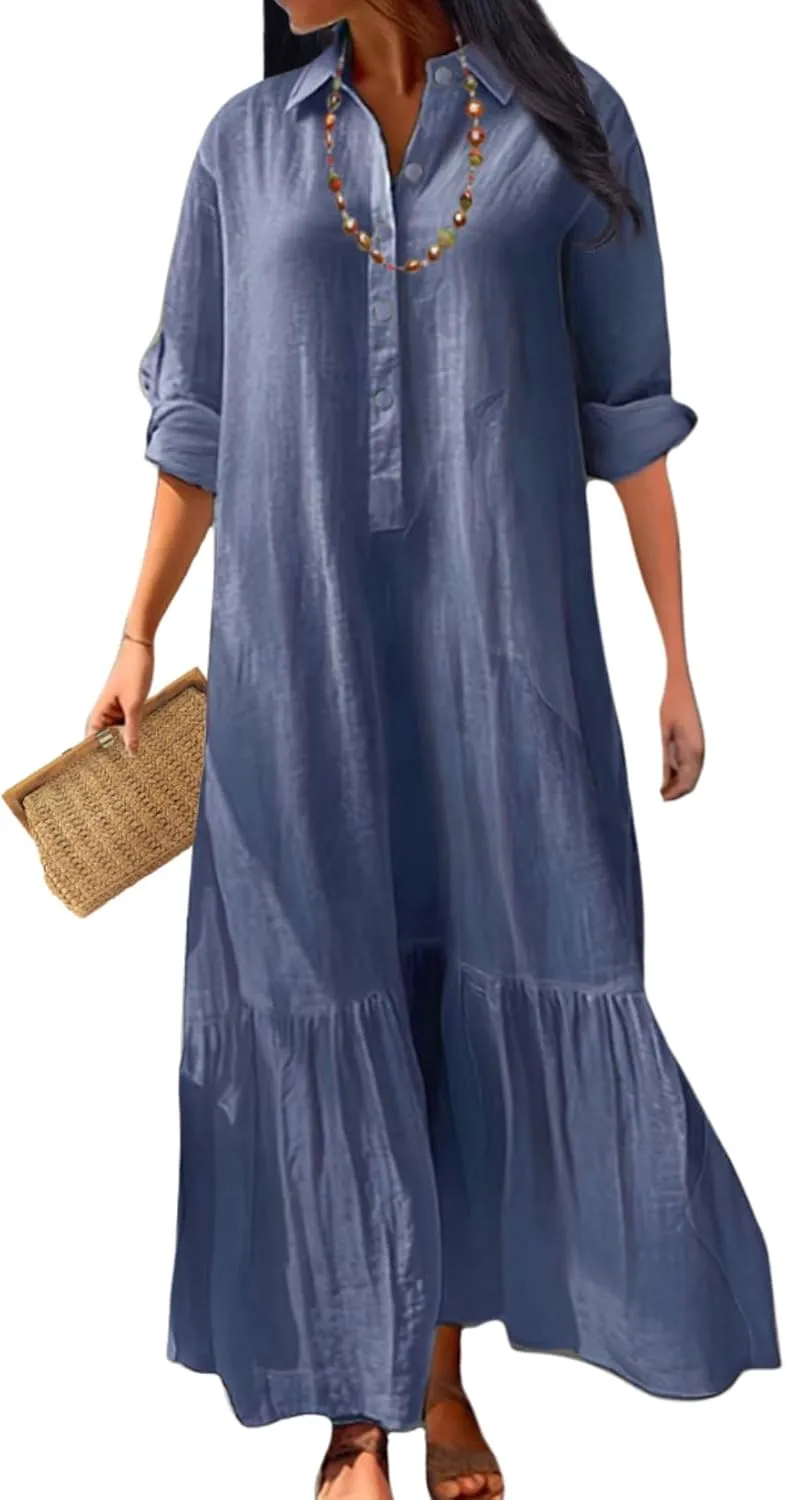 Womens Cotton Linen Dress Casual Button Down Long Sleeve Flowy Plus Size Lapel Collared Maxi Dresses Shirt Dress