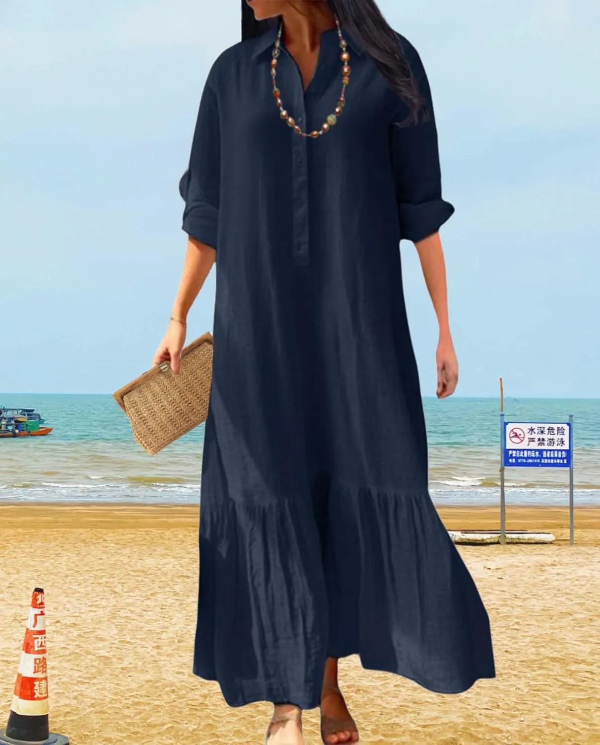 Womens Cotton Linen Dress Casual Button Down Long Sleeve Flowy Plus Size Lapel Collared Maxi Dresses Shirt Dress