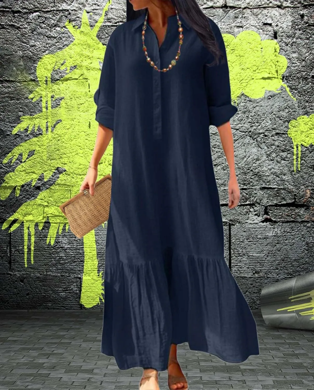 Womens Cotton Linen Dress Casual Button Down Long Sleeve Flowy Plus Size Lapel Collared Maxi Dresses Shirt Dress