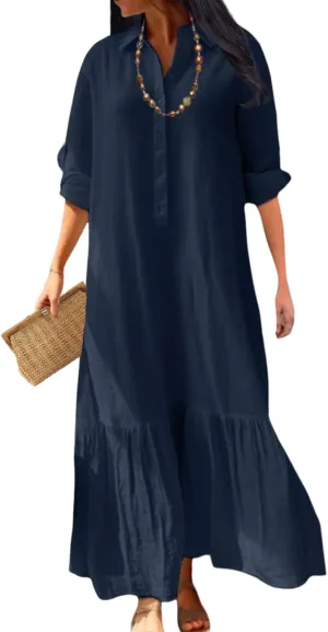 Womens Cotton Linen Dress Casual Button Down Long Sleeve Flowy Plus Size Lapel Collared Maxi Dresses Shirt Dress