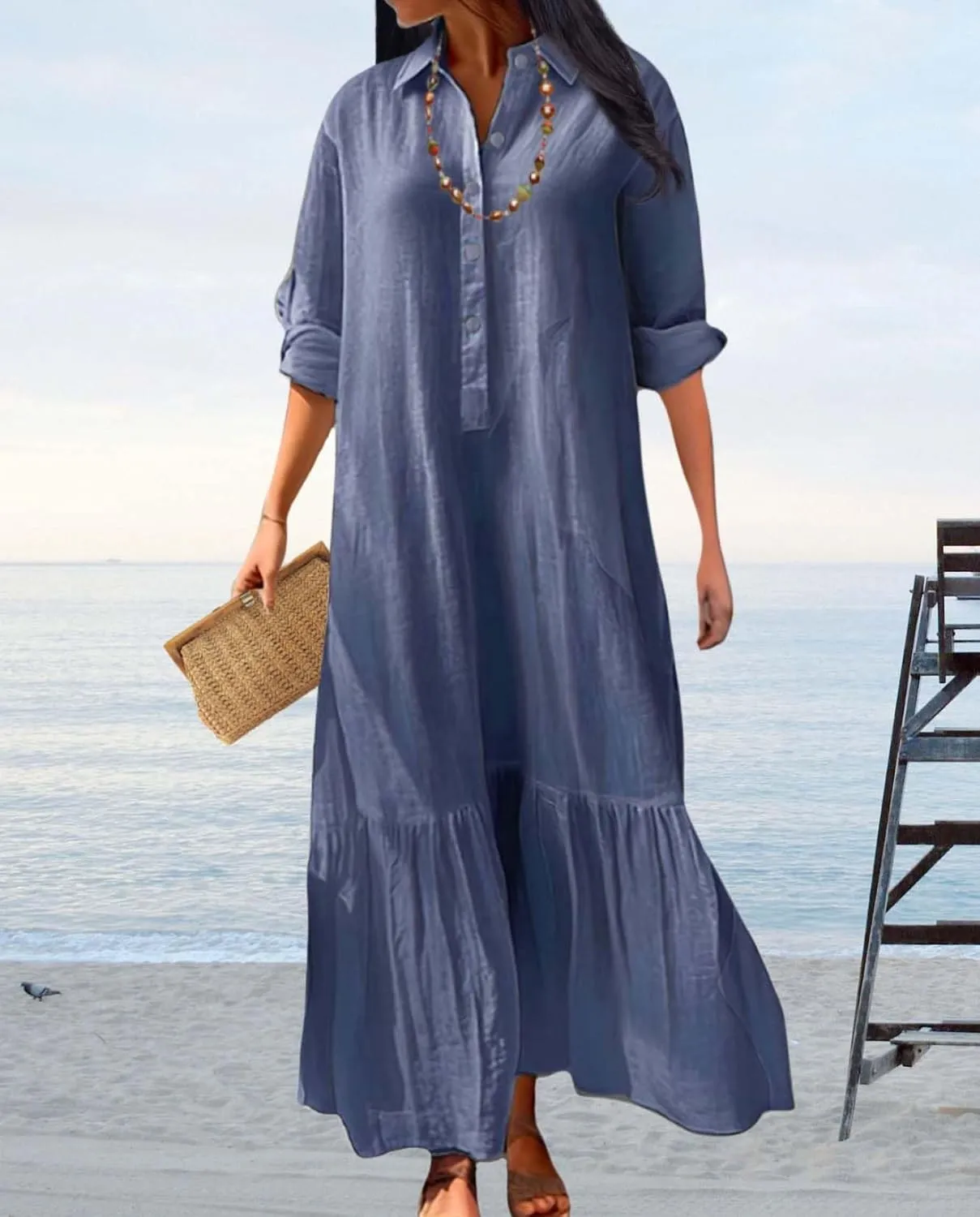 Womens Cotton Linen Dress Casual Button Down Long Sleeve Flowy Plus Size Lapel Collared Maxi Dresses Shirt Dress