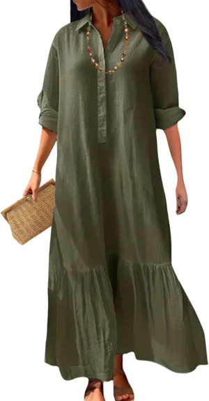 Womens Cotton Linen Dress Casual Button Down Long Sleeve Flowy Plus Size Lapel Collared Maxi Dresses Shirt Dress
