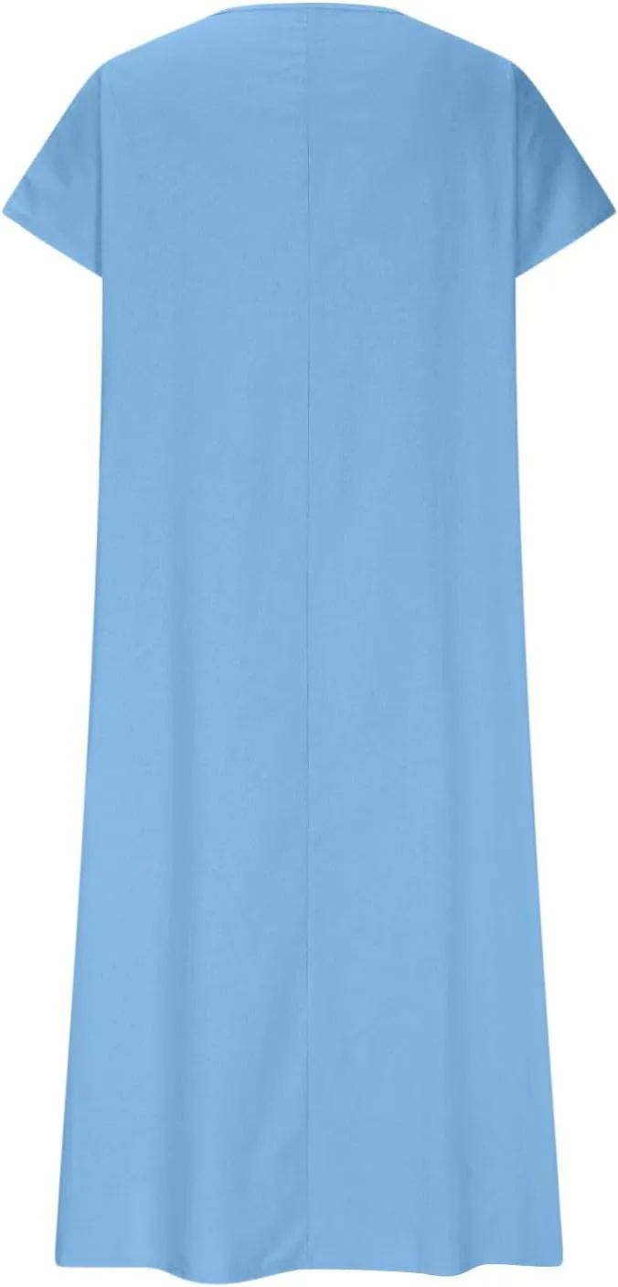 Womens Cotton Linen Maxi Dresses Solid Loose Long Dress Casual V Neck Beach Sundress Short Sleeve Swimwear Cover Ups