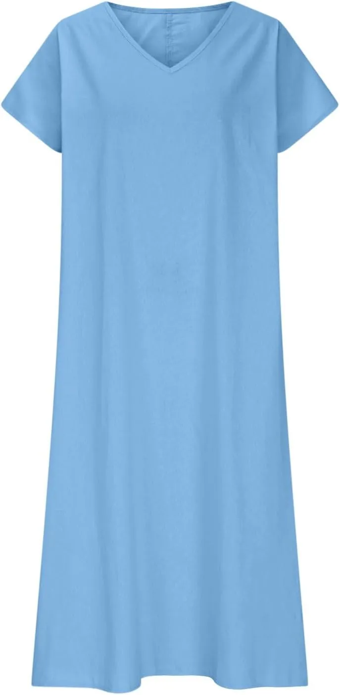 Womens Cotton Linen Maxi Dresses Solid Loose Long Dress Casual V Neck Beach Sundress Short Sleeve Swimwear Cover Ups