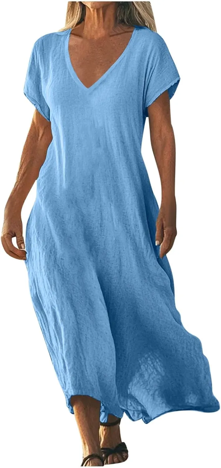 Womens Cotton Linen Maxi Dresses Solid Loose Long Dress Casual V Neck Beach Sundress Short Sleeve Swimwear Cover Ups