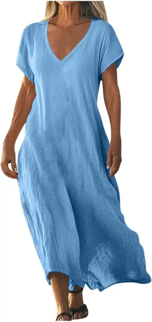 Womens Cotton Linen Maxi Dresses Solid Loose Long Dress Casual V Neck Beach Sundress Short Sleeve Swimwear Cover Ups