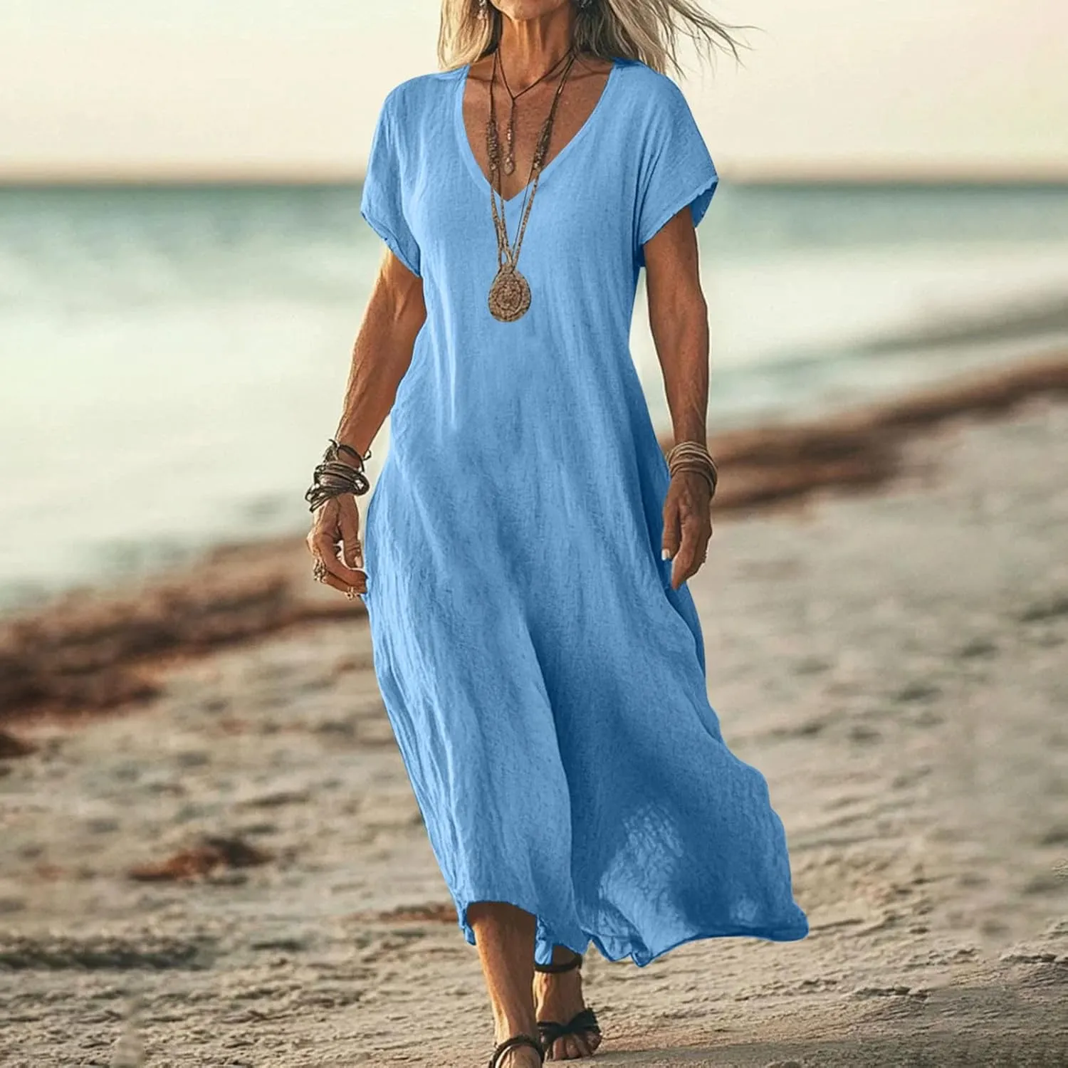 Womens Cotton Linen Maxi Dresses Solid Loose Long Dress Casual V Neck Beach Sundress Short Sleeve Swimwear Cover Ups