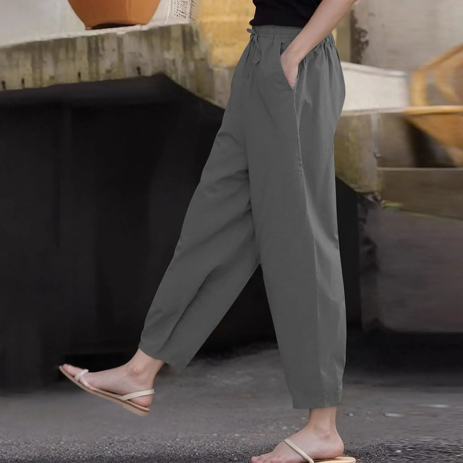 Womens Cotton Linen Palazzo Pants Drawstring Elastic Waist Casual Beach Pants Summer Wide Leg Trousers with Pockets