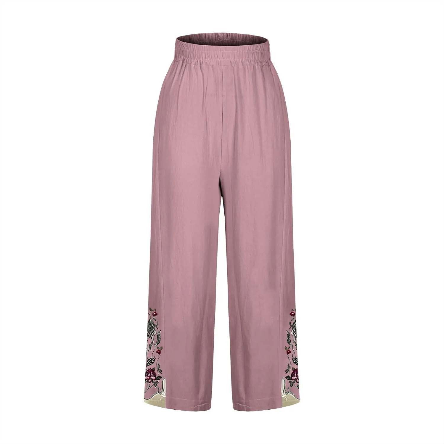Womens Cotton Linen Pants Summer Casual Wide Leg Palazzo Pants Floral Embroidery High Waist Work Slack Beach Trouser