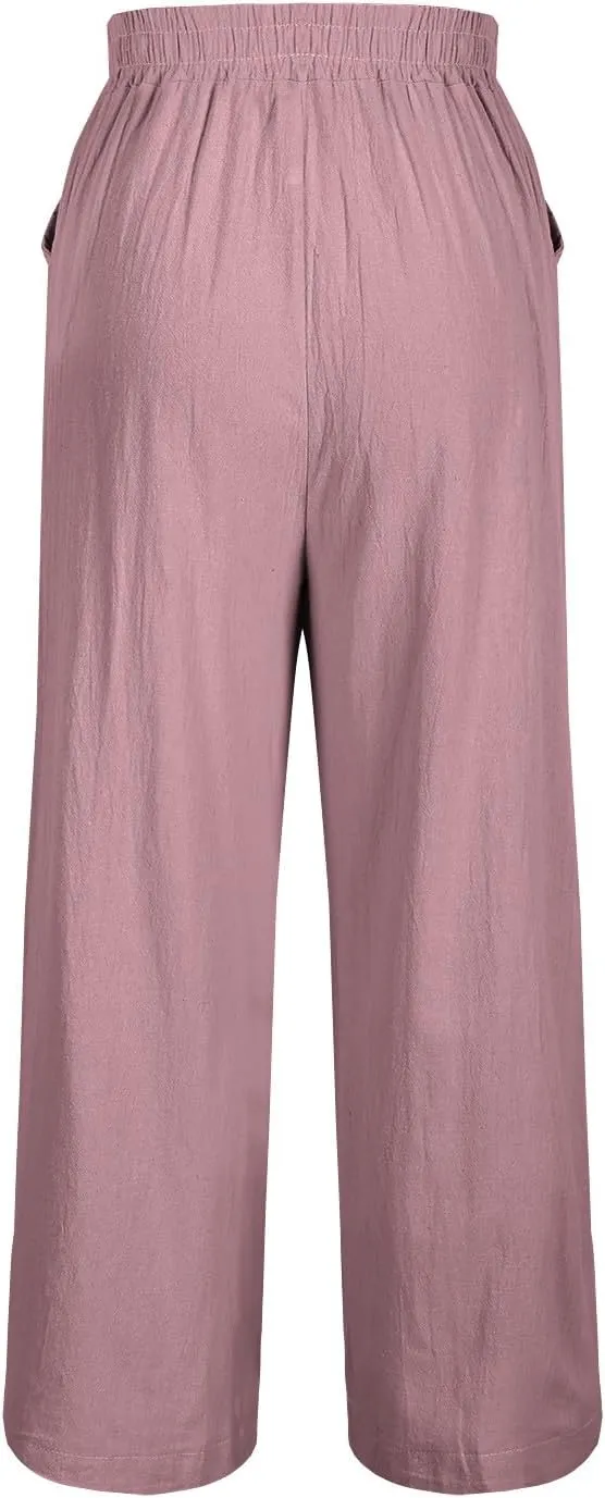Womens Cotton Linen Pants Summer Casual Wide Leg Palazzo Pants Floral Embroidery High Waist Work Slack Beach Trouser