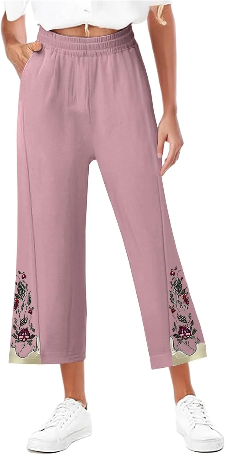 Womens Cotton Linen Pants Summer Casual Wide Leg Palazzo Pants Floral Embroidery High Waist Work Slack Beach Trouser