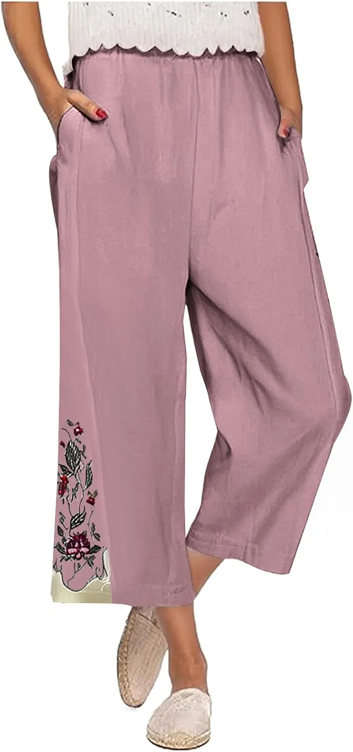 Womens Cotton Linen Pants Summer Casual Wide Leg Palazzo Pants Floral Embroidery High Waist Work Slack Beach Trouser