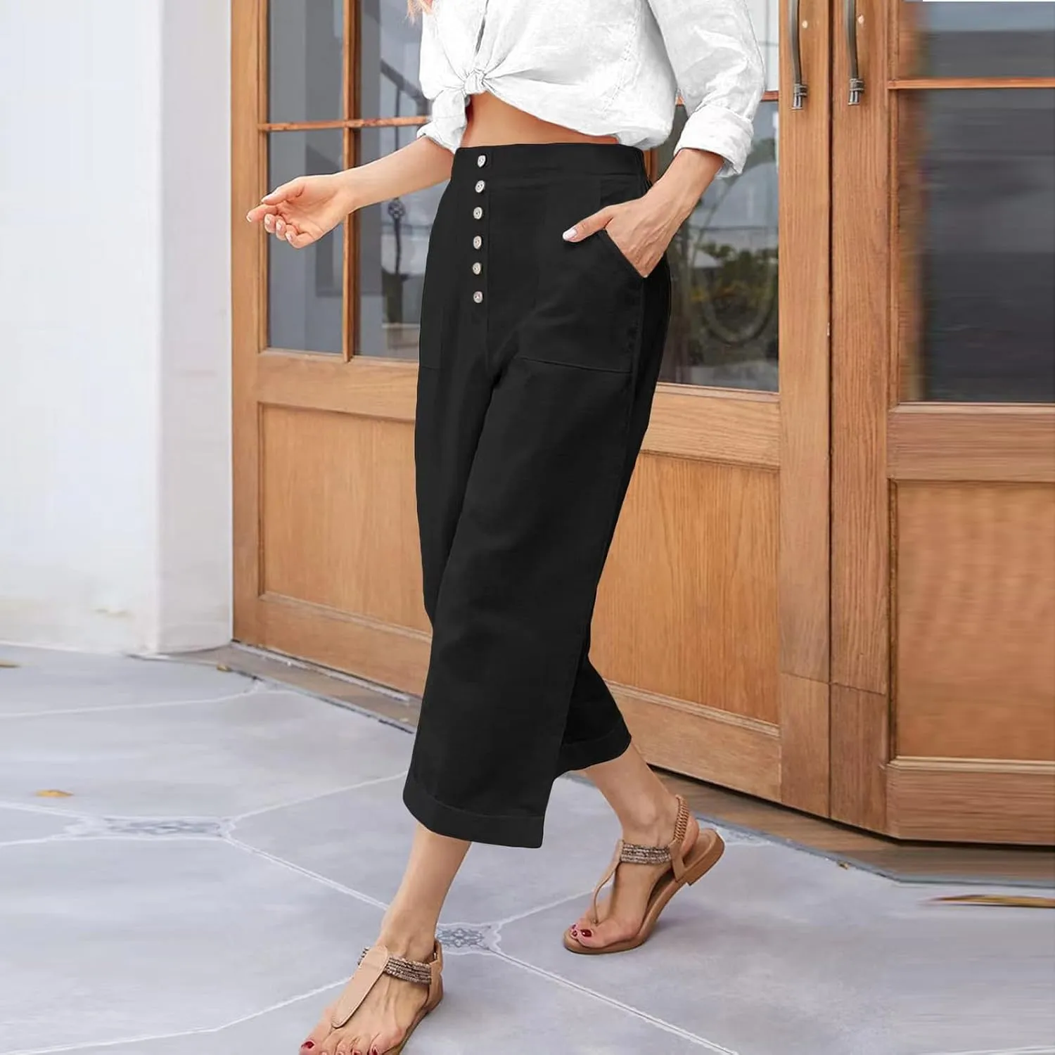 Womens Cropped Wide Leg Pant Stretch High Waist Button Petite Straight Leg Pant Loose Casual Work Trouser with Pocket