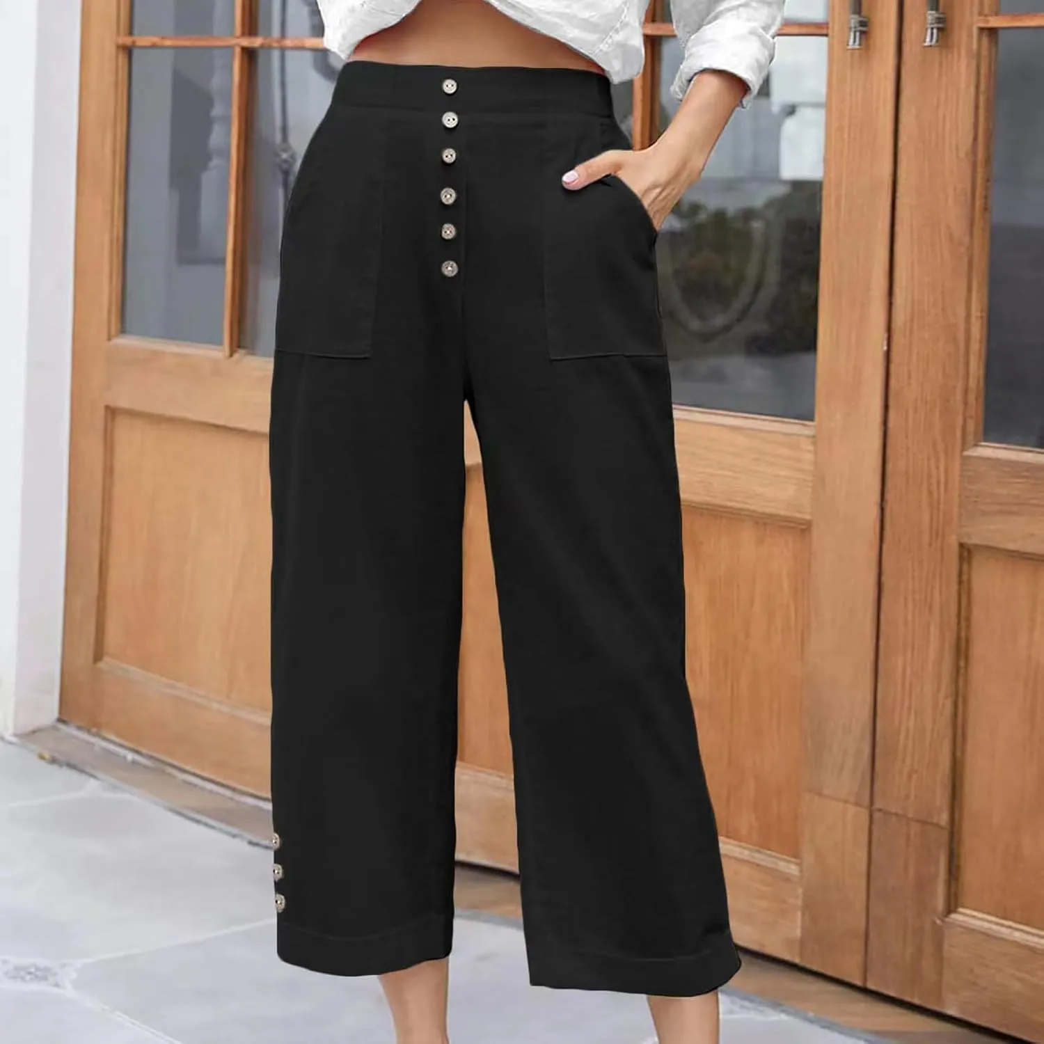 Womens Cropped Wide Leg Pant Stretch High Waist Button Petite Straight Leg Pant Loose Casual Work Trouser with Pocket