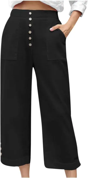 Womens Cropped Wide Leg Pant Stretch High Waist Button Petite Straight Leg Pant Loose Casual Work Trouser with Pocket