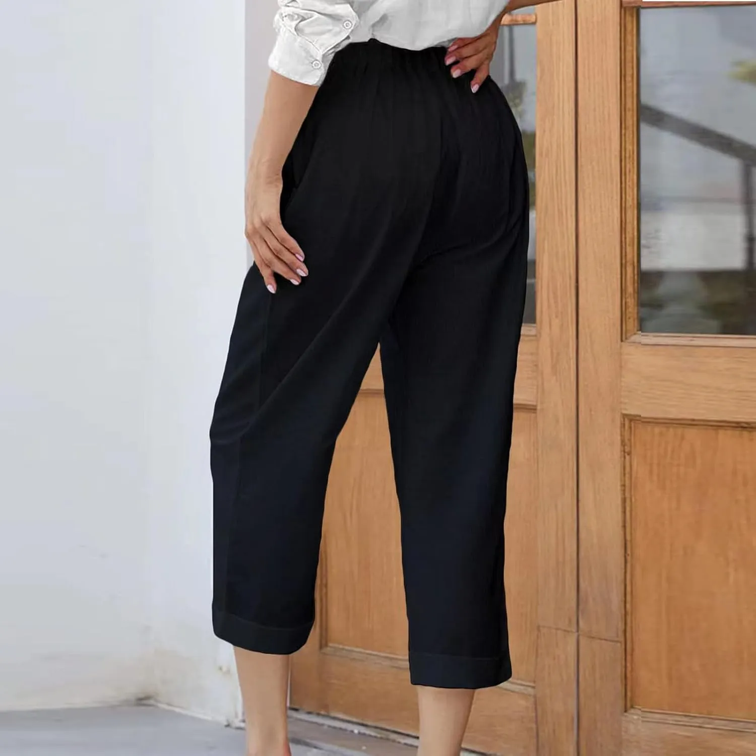 Womens Cropped Wide Leg Pant Stretch High Waist Button Petite Straight Leg Pant Loose Casual Work Trouser with Pocket