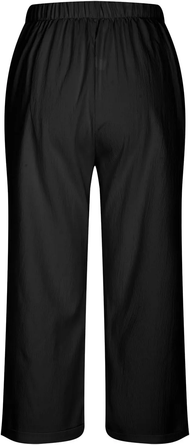 Womens Cropped Wide Leg Pant Stretch High Waist Button Petite Straight Leg Pant Loose Casual Work Trouser with Pocket