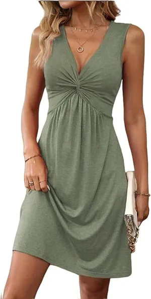 Womens Dresses Twist Front V Neck Ruffle Dress Sexy Sleeveless Tank Sundress Casual A Line Dress Bodycon Mini Dresses