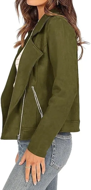 Women's Faux Suede Jacket 2024 Fall Long Sleeve Zipper Lapel Cropped Coat with Pockets Y2K Moto Jackets Outwear