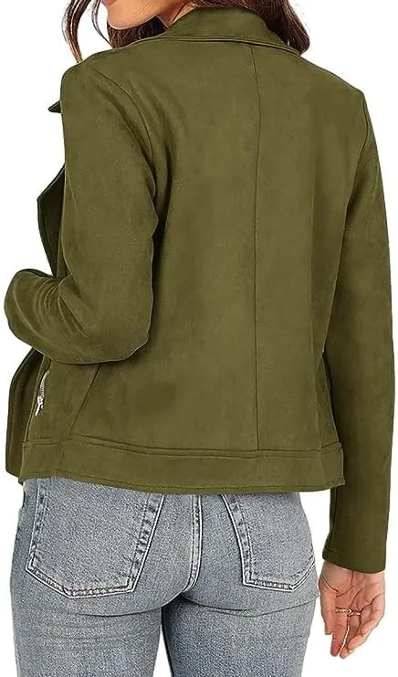 Women's Faux Suede Jacket 2024 Fall Long Sleeve Zipper Lapel Cropped Coat with Pockets Y2K Moto Jackets Outwear