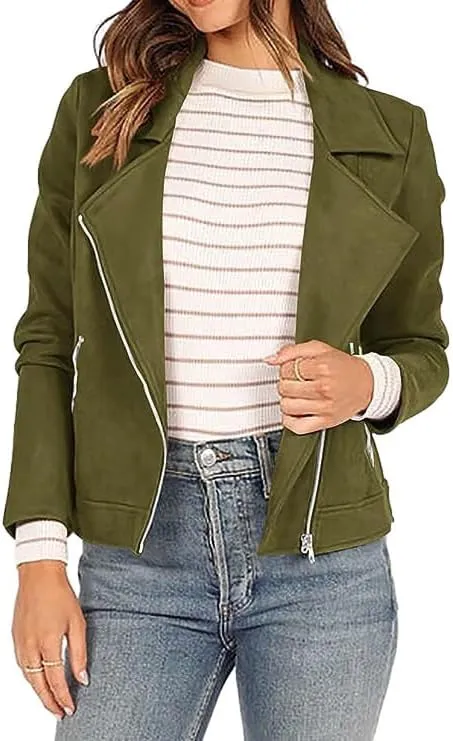 Women's Faux Suede Jacket 2024 Fall Long Sleeve Zipper Lapel Cropped Coat with Pockets Y2K Moto Jackets Outwear