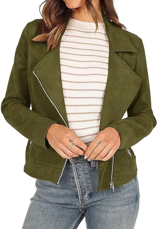 Women's Faux Suede Jacket 2024 Fall Long Sleeve Zipper Lapel Cropped Coat with Pockets Y2K Moto Jackets Outwear