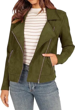 Women's Faux Suede Jacket 2024 Fall Long Sleeve Zipper Lapel Cropped Coat with Pockets Y2K Moto Jackets Outwear