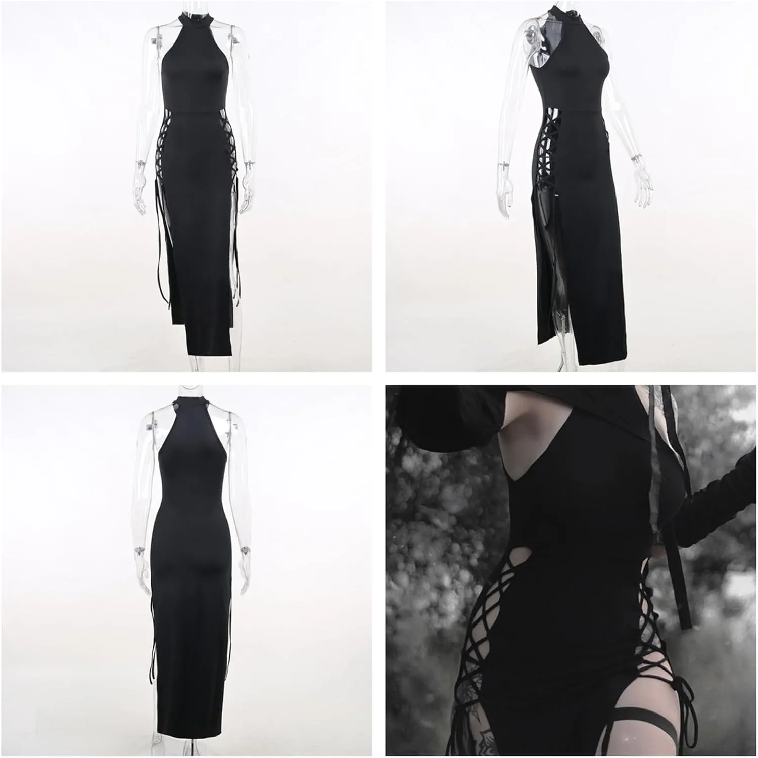 Womens Gothic Bodycon Maxi Dress Casual Floral Print Spaghetti Strap Dresses