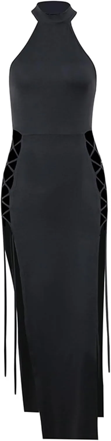 Womens Gothic Bodycon Maxi Dress Casual Floral Print Spaghetti Strap Dresses