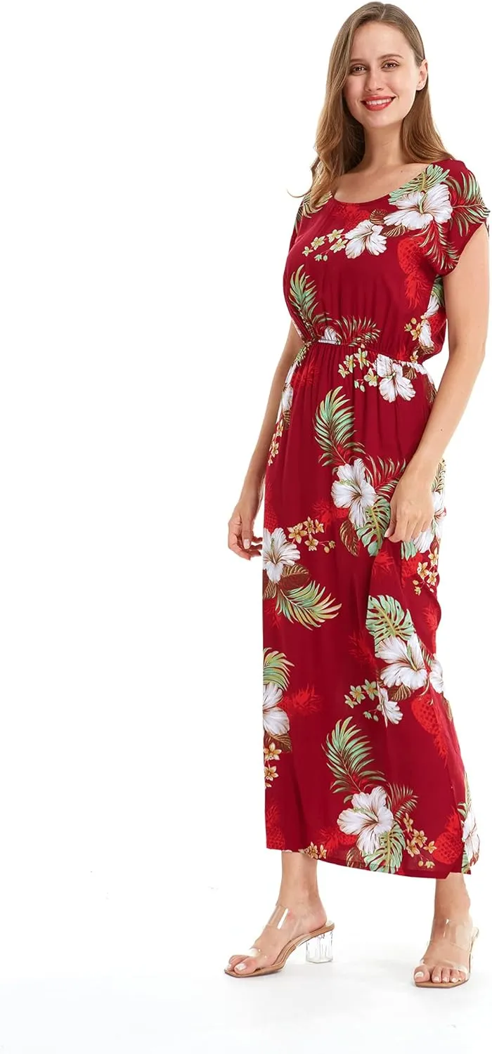 Women's Hawaiian Luau Cap Sleeve Maxi Simple Dress in Pineapple Garden