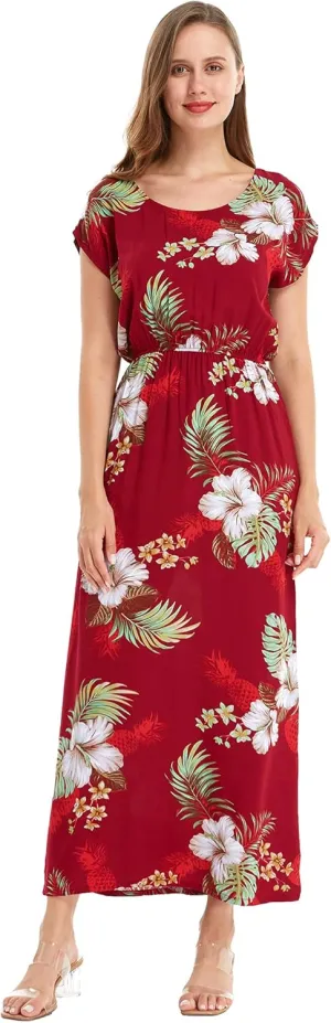 Women's Hawaiian Luau Cap Sleeve Maxi Simple Dress in Pineapple Garden