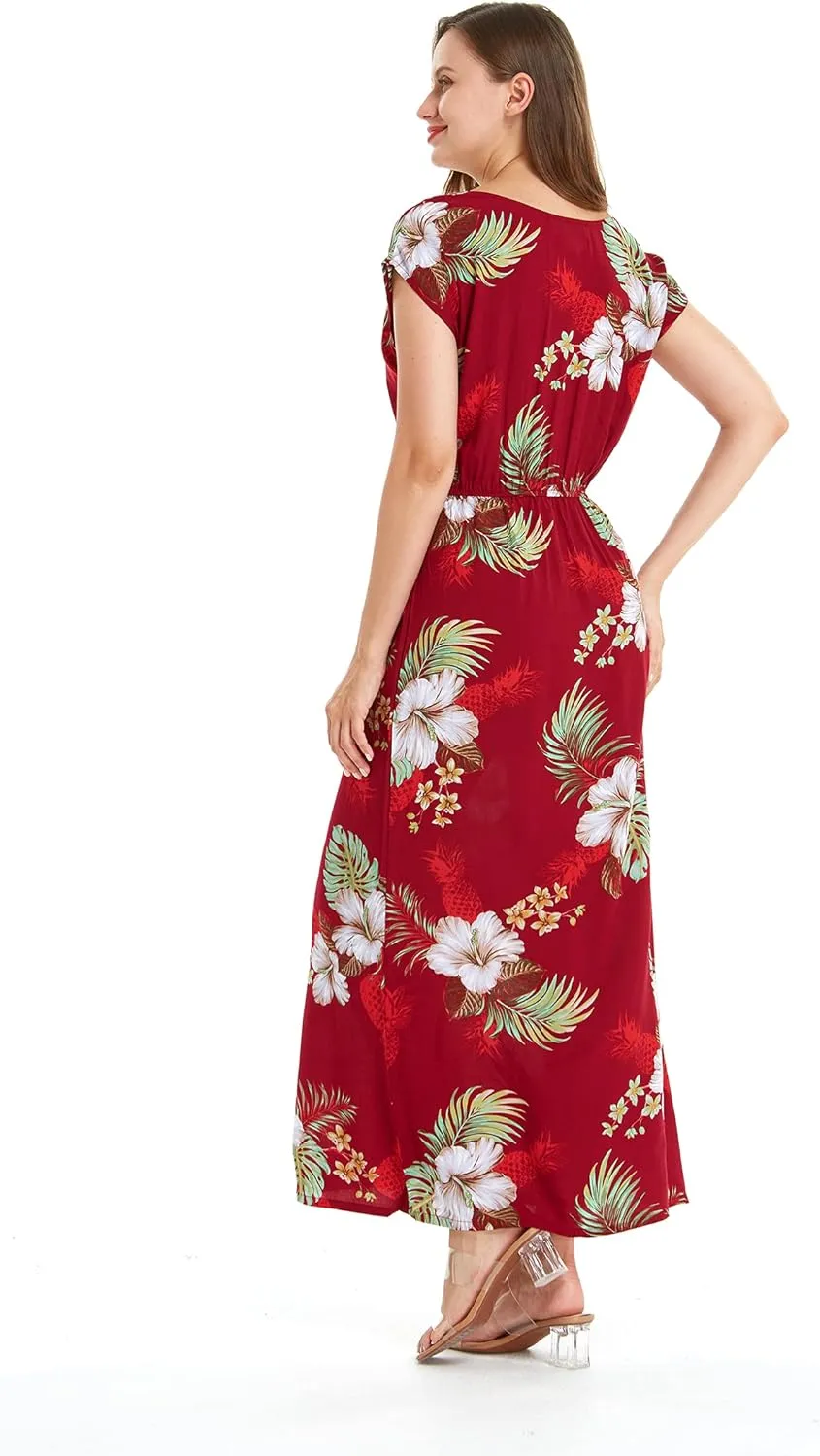 Women's Hawaiian Luau Cap Sleeve Maxi Simple Dress in Pineapple Garden