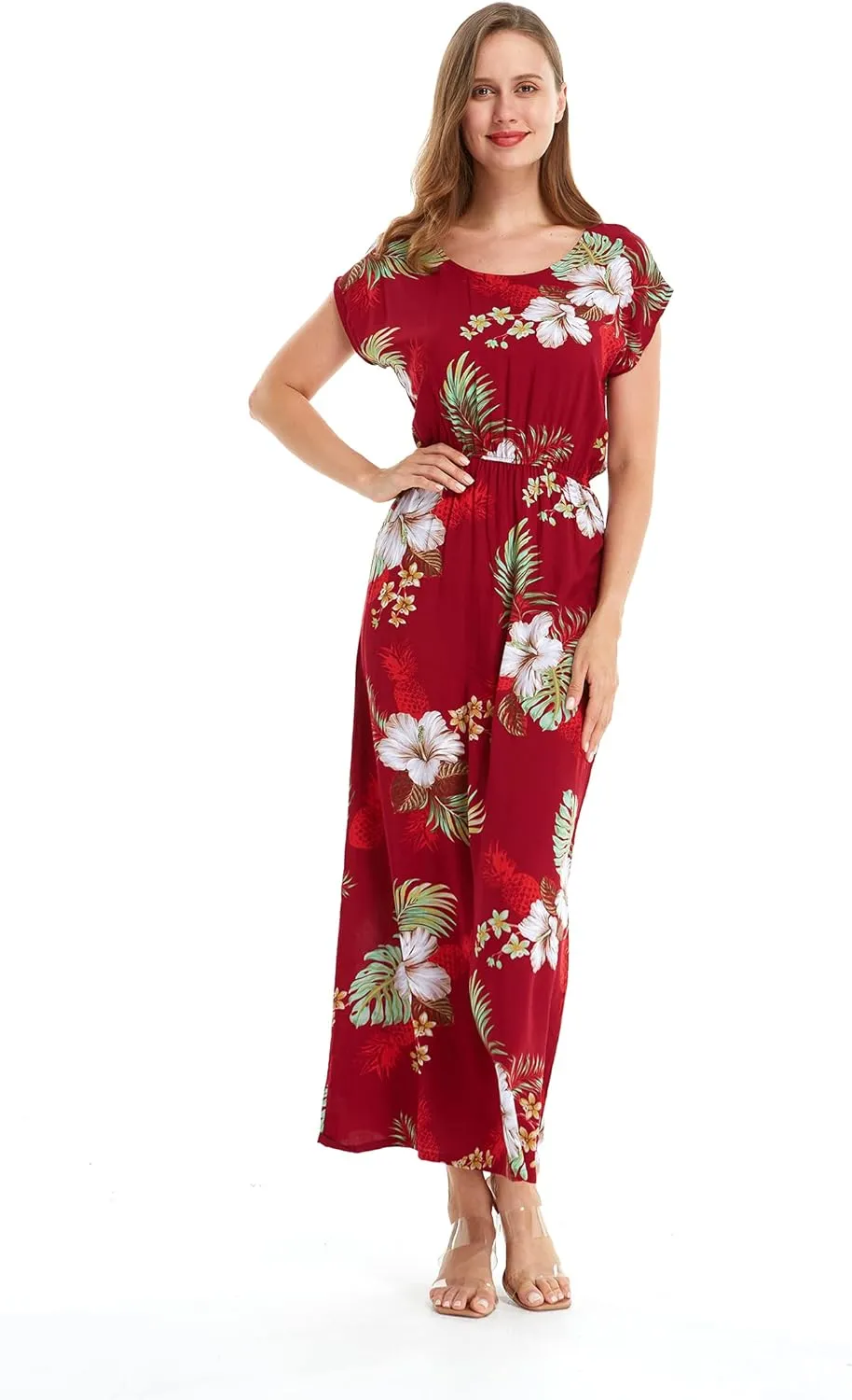 Women's Hawaiian Luau Cap Sleeve Maxi Simple Dress in Pineapple Garden