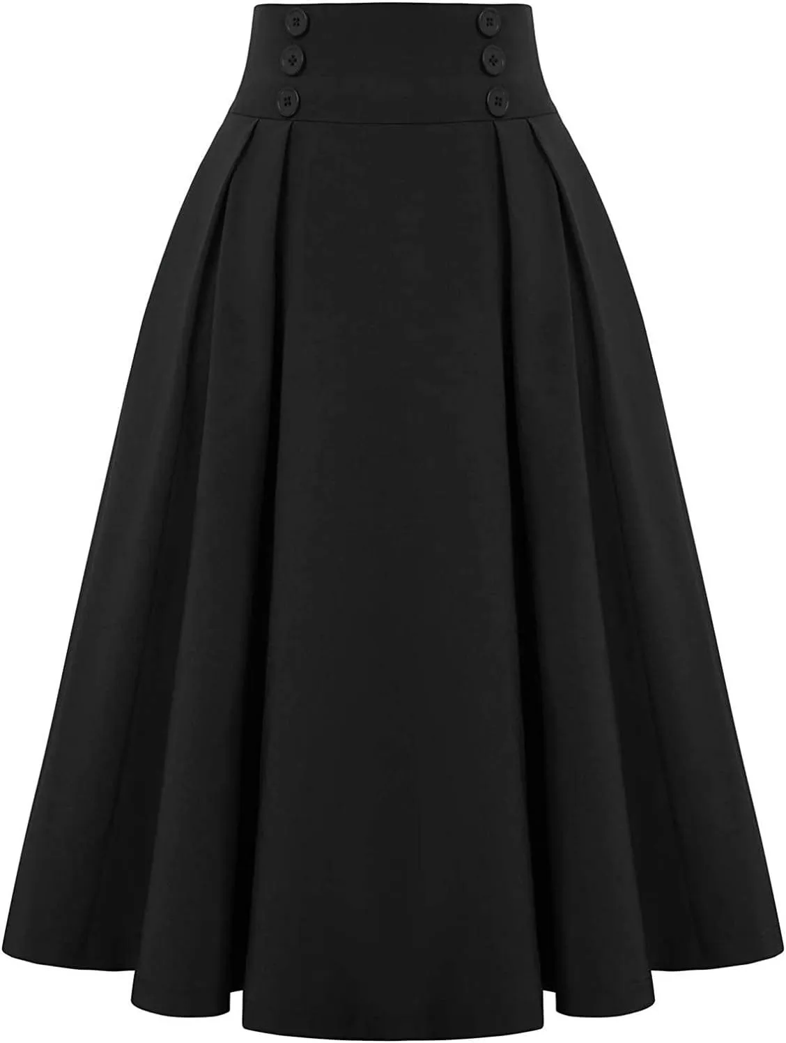 Womens High Waist Pleated Skirt Casual Boho Midi A Line Skirt Button Trim Vintage Skirts Gothic Dress
