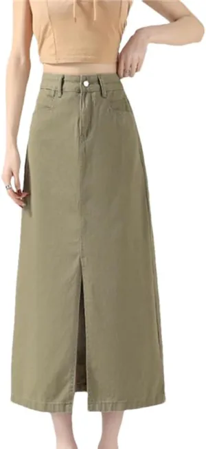 Women's High-Waisted Split Denim Skirt Knee-Length A-Line Loose Skirt