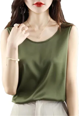 Womens Ice Silk Satin Tank Top Summer Crew-Neck Sleeveless Spaghetti Strap Camisole T-Shirt