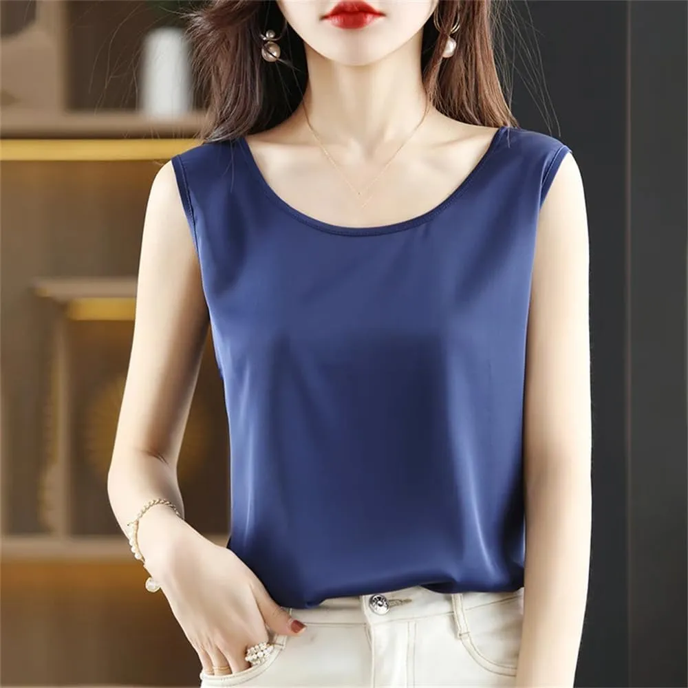 Womens Ice Silk Satin Tank Top Summer Crew-Neck Sleeveless Spaghetti Strap Camisole T-Shirt