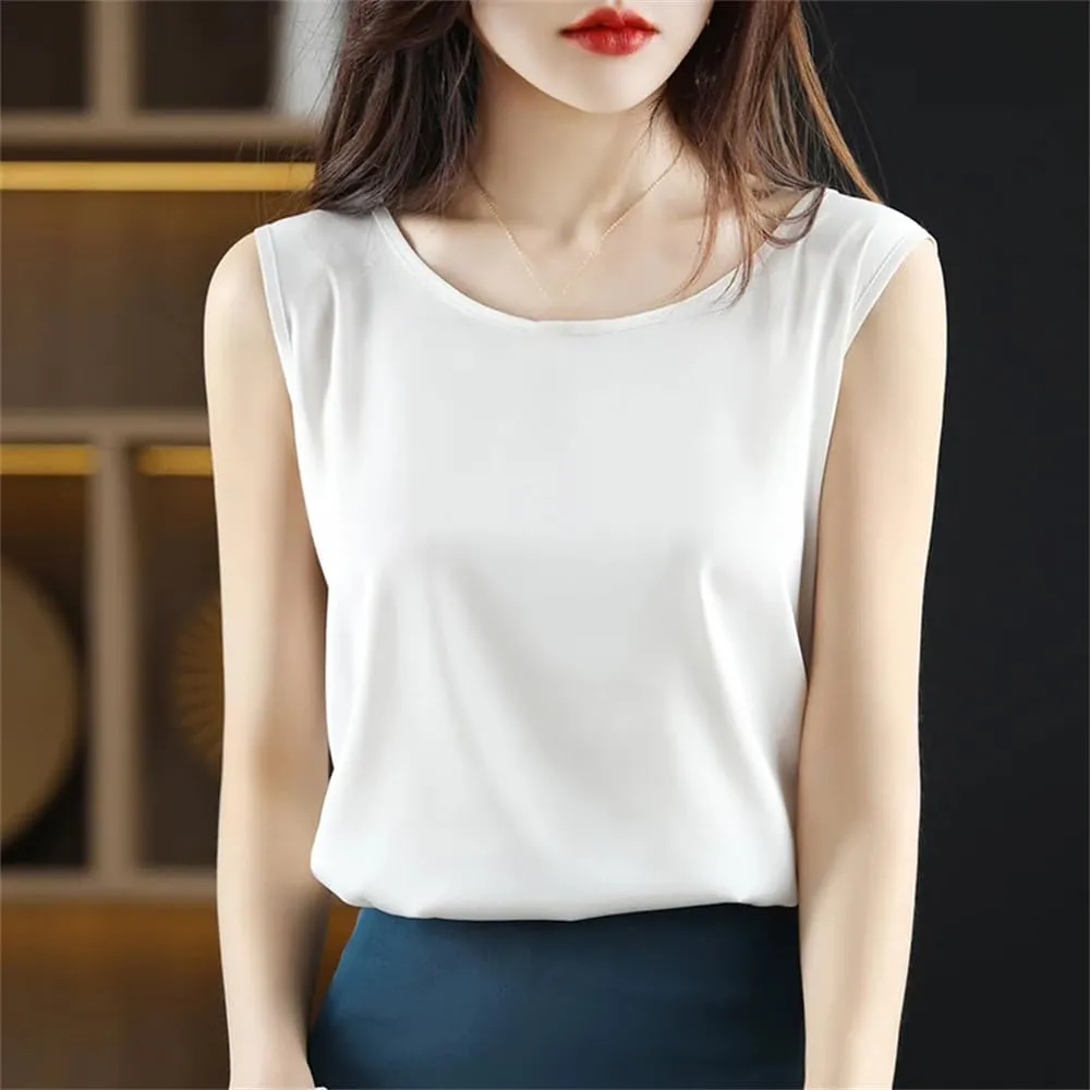 Womens Ice Silk Satin Tank Top Summer Crew-Neck Sleeveless Spaghetti Strap Camisole T-Shirt