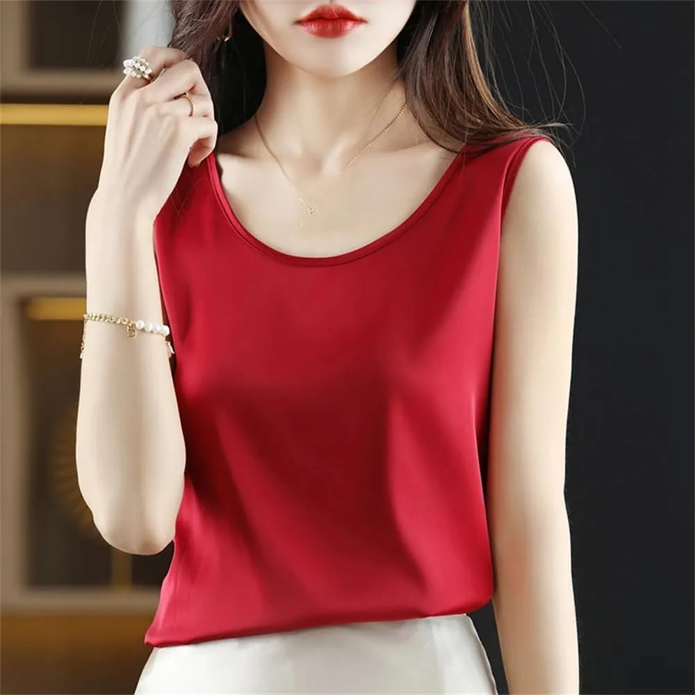 Womens Ice Silk Satin Tank Top Summer Crew-Neck Sleeveless Spaghetti Strap Camisole T-Shirt