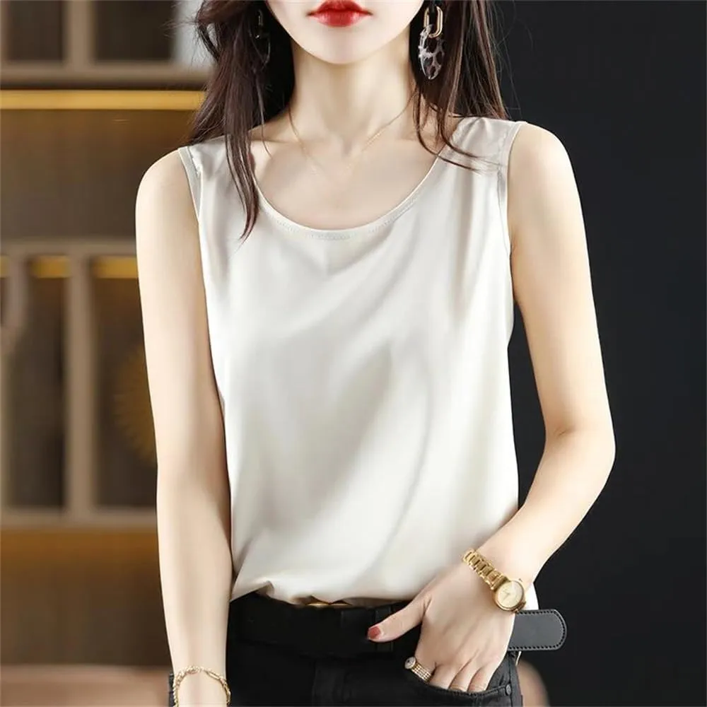 Womens Ice Silk Satin Tank Top Summer Crew-Neck Sleeveless Spaghetti Strap Camisole T-Shirt