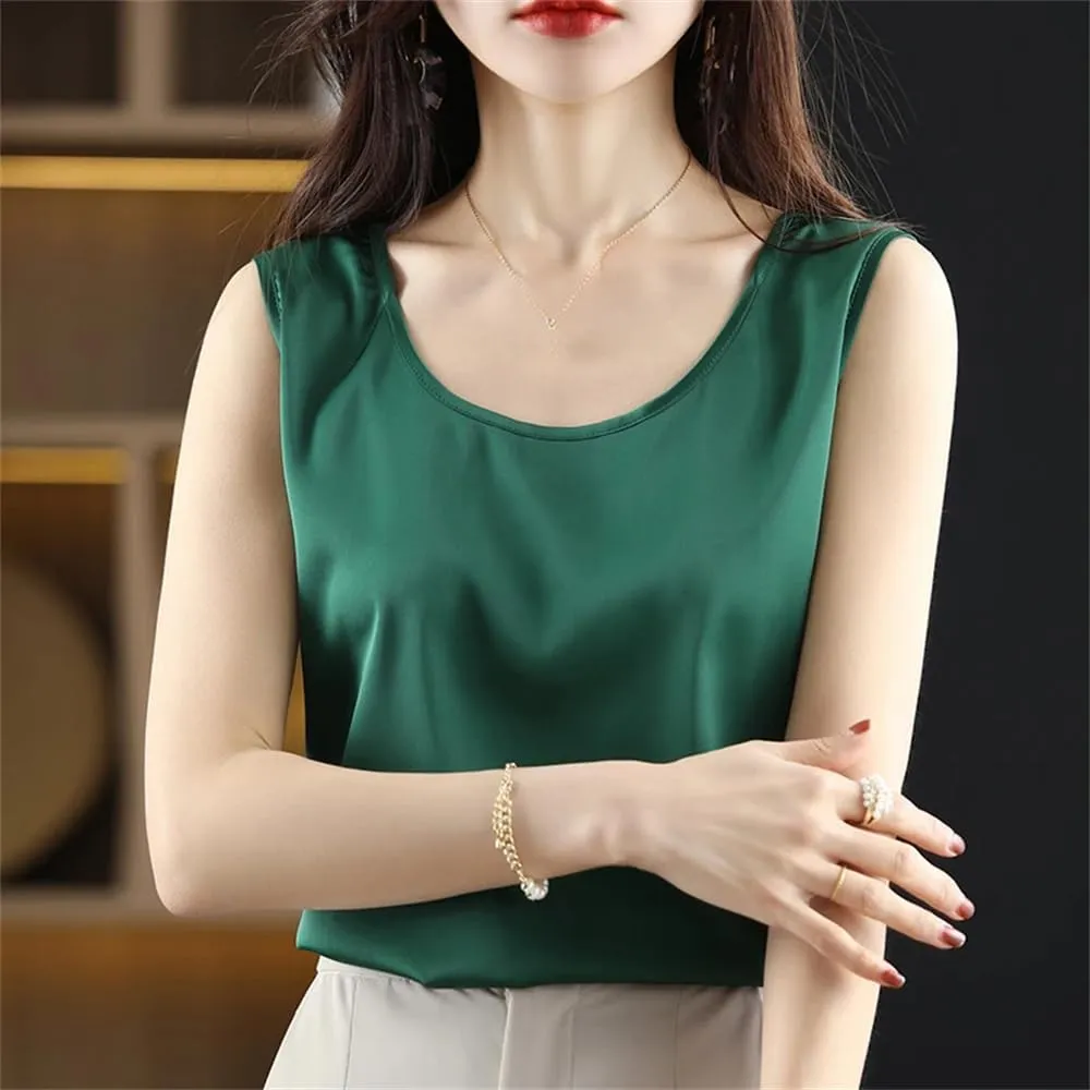 Womens Ice Silk Satin Tank Top Summer Crew-Neck Sleeveless Spaghetti Strap Camisole T-Shirt