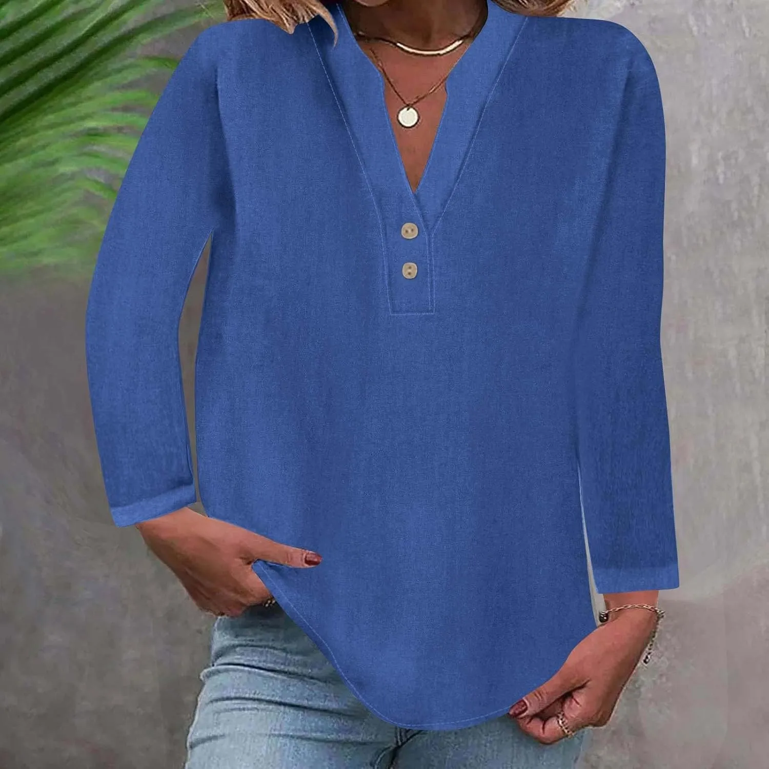 Womens Long Sleeve Tops V Neck Half Button Front Shirts Solid Loose Fit Casual Dressy Work Tunic Womens Summer Tops